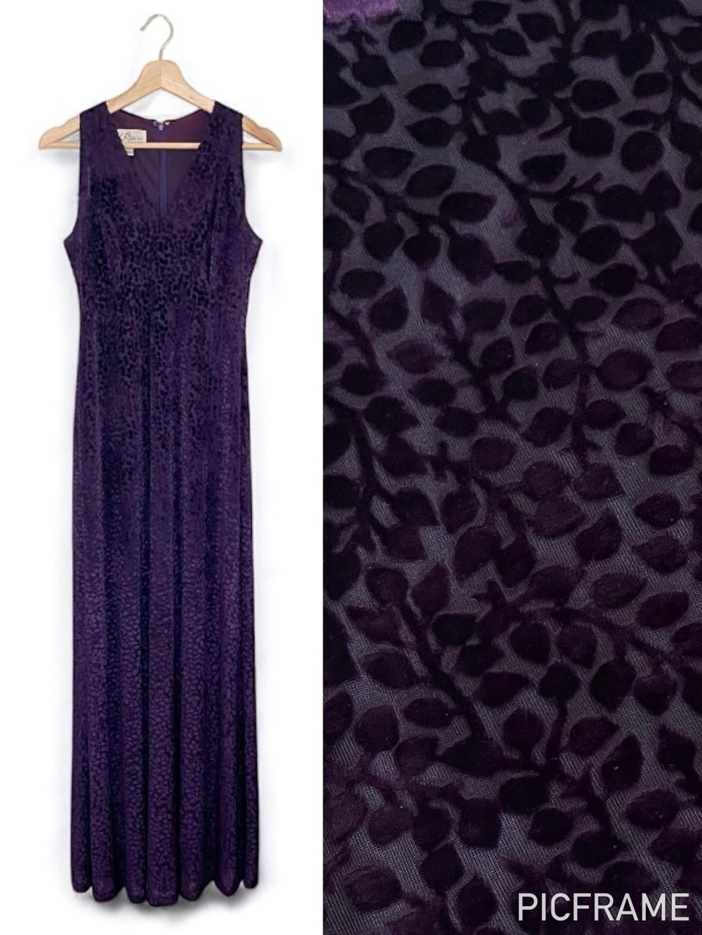 Vintage 90s Rimini by Shaw Velvet Burnout V Neck Maxi Dress Aubergine Purple 6